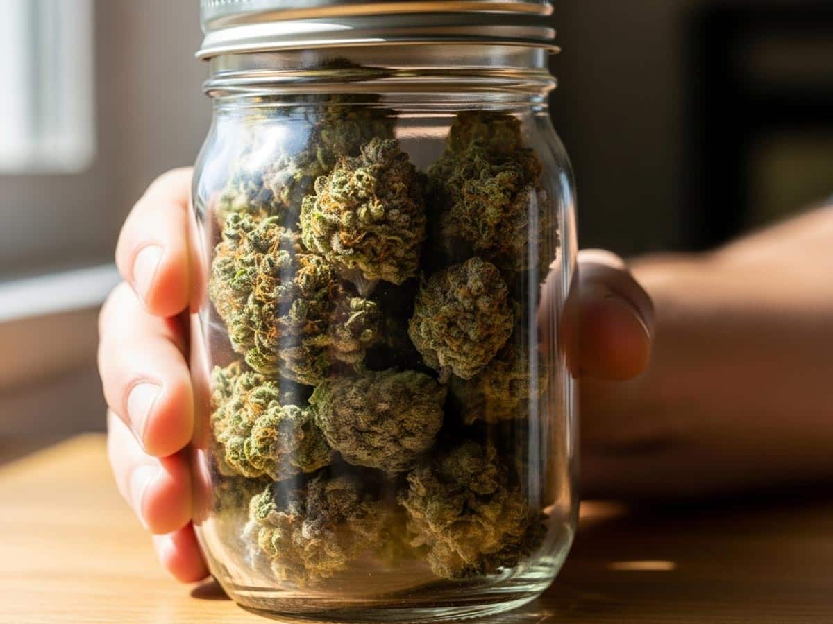 A hand holding a glass jar filled with cannabis flower, showcasing proper storage.