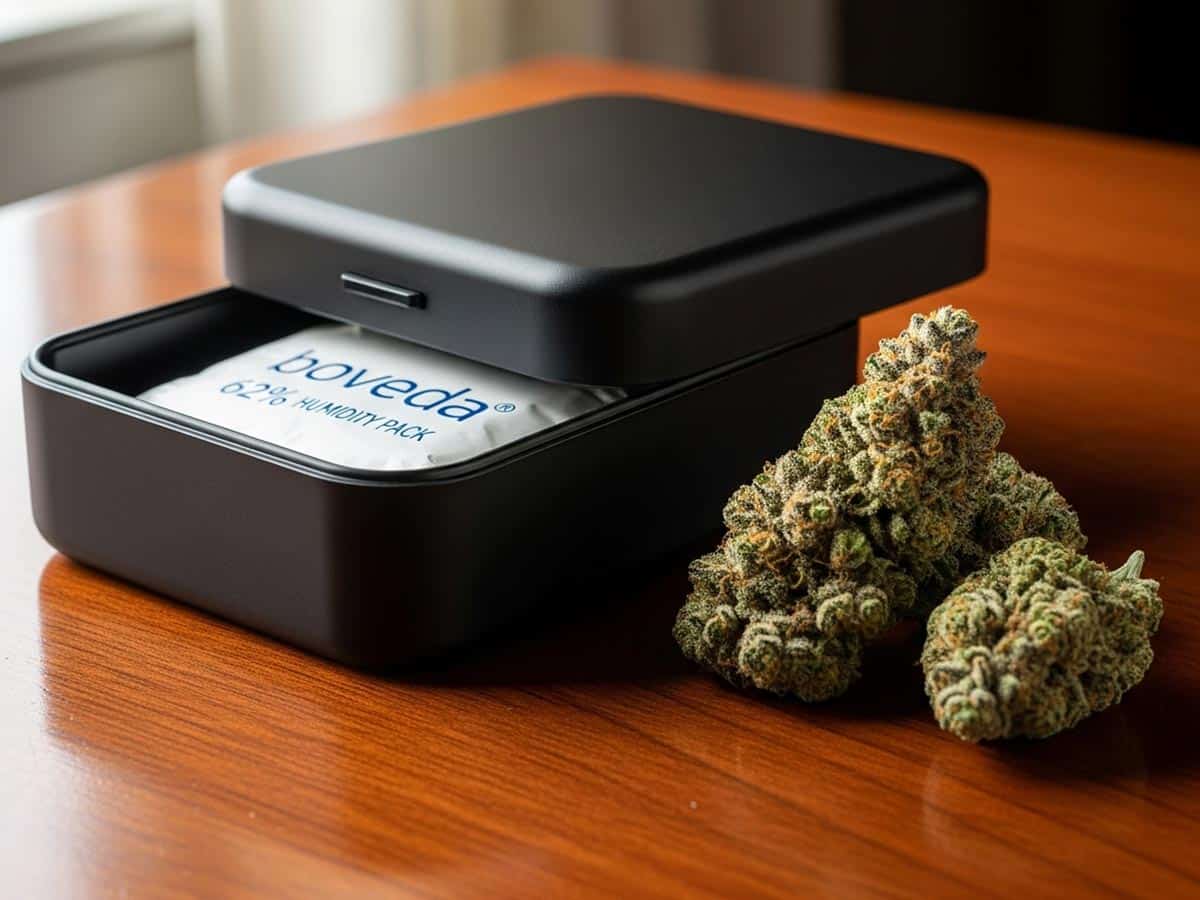 A modern cannabis storage container with a humidity pack inside, sitting next to some cannabis flower.