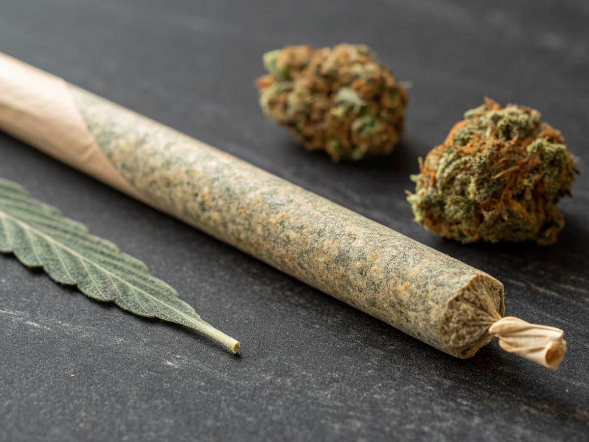 A close-up of hands expertly rolling a joint with ground cannabis and a filter.