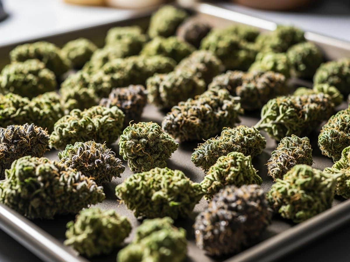 Cannabis flower being prepared on a baking sheet for decarboxylation
