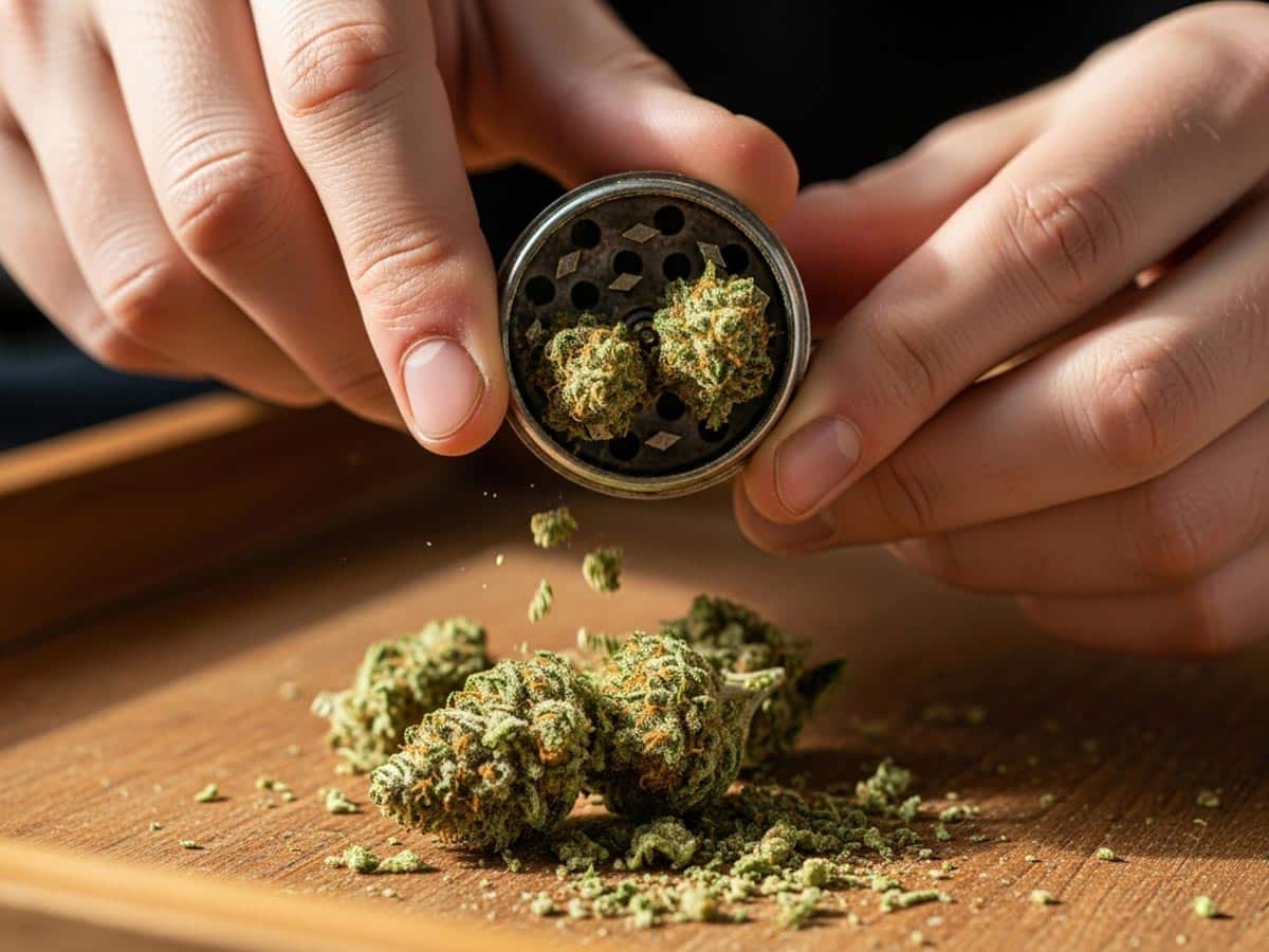 A person's hands are shown grinding cannabis flower over a wooden tray